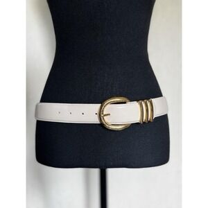 Liz Claiborne 1980s Ivory Leather Belt Gold Buckle Vintage Wide Waist Belt L